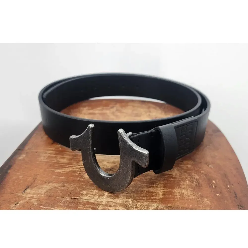New‎ NWOT True Religion Classic Logo Buckle Black Leather Belt Size 40